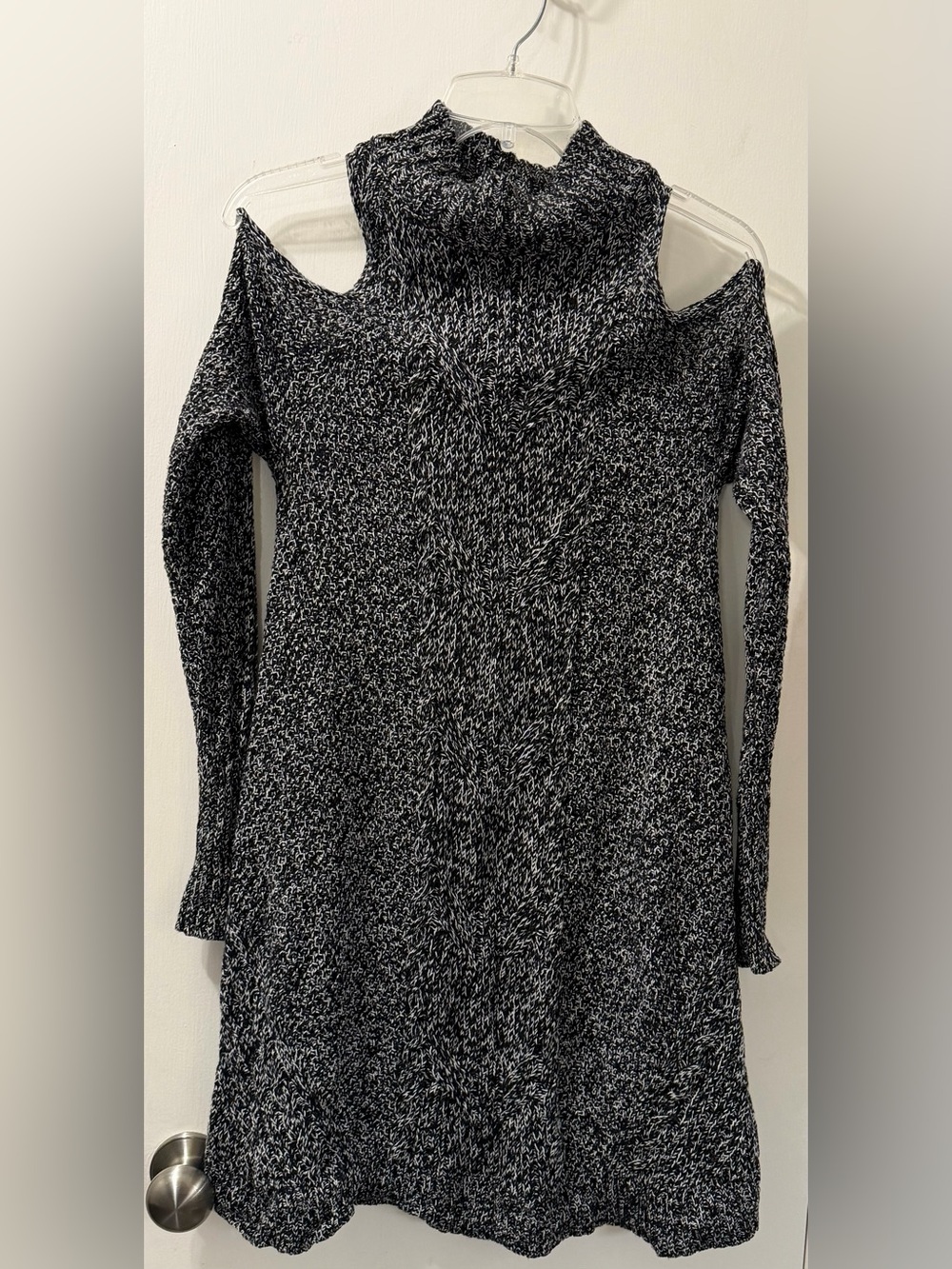 Express Black & White Marled Cold-Shoulder Turtleneck Mini Dress
